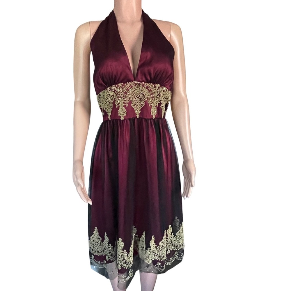 Adrianna Papell Boutique Burgundy Halter Dress Gold Lace Embroidery Size 8